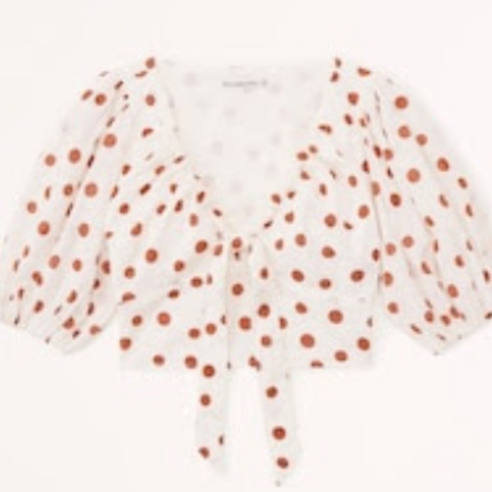 Abercrombie Women's Tie-Front Puff Sleeve Top Spotted Brown and White, Small